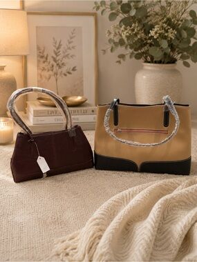 Set of Classic Two-Tone Bag in Tan and Black and dark brown bag